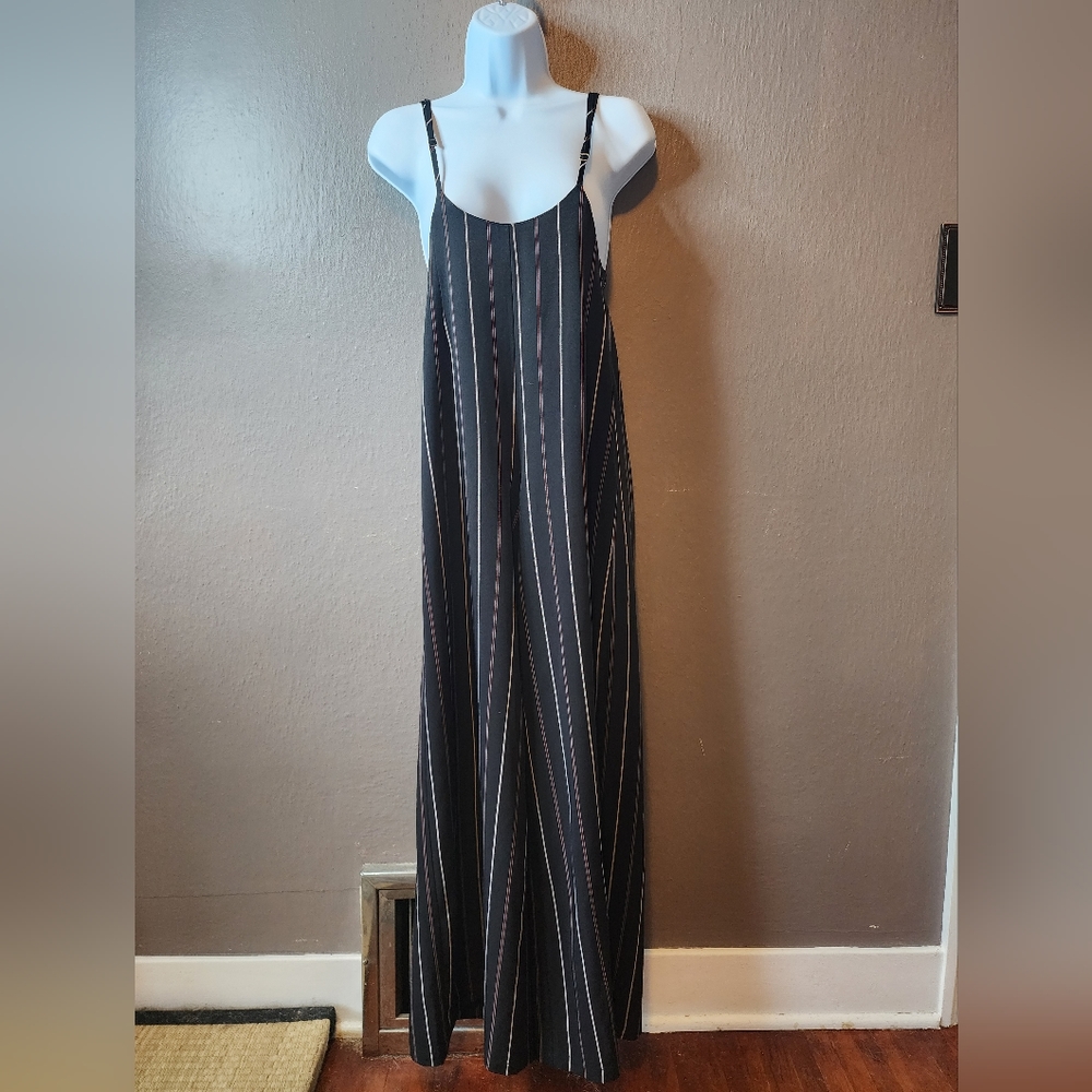 Fanco Spaghetti Strap Black Jumpsuit with Red & White Pinstripes